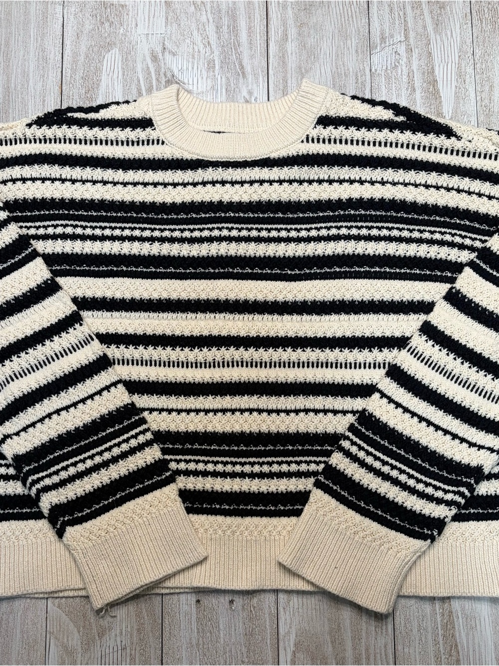 Full Tilt Black and Cream Striped Crewneck Sweater